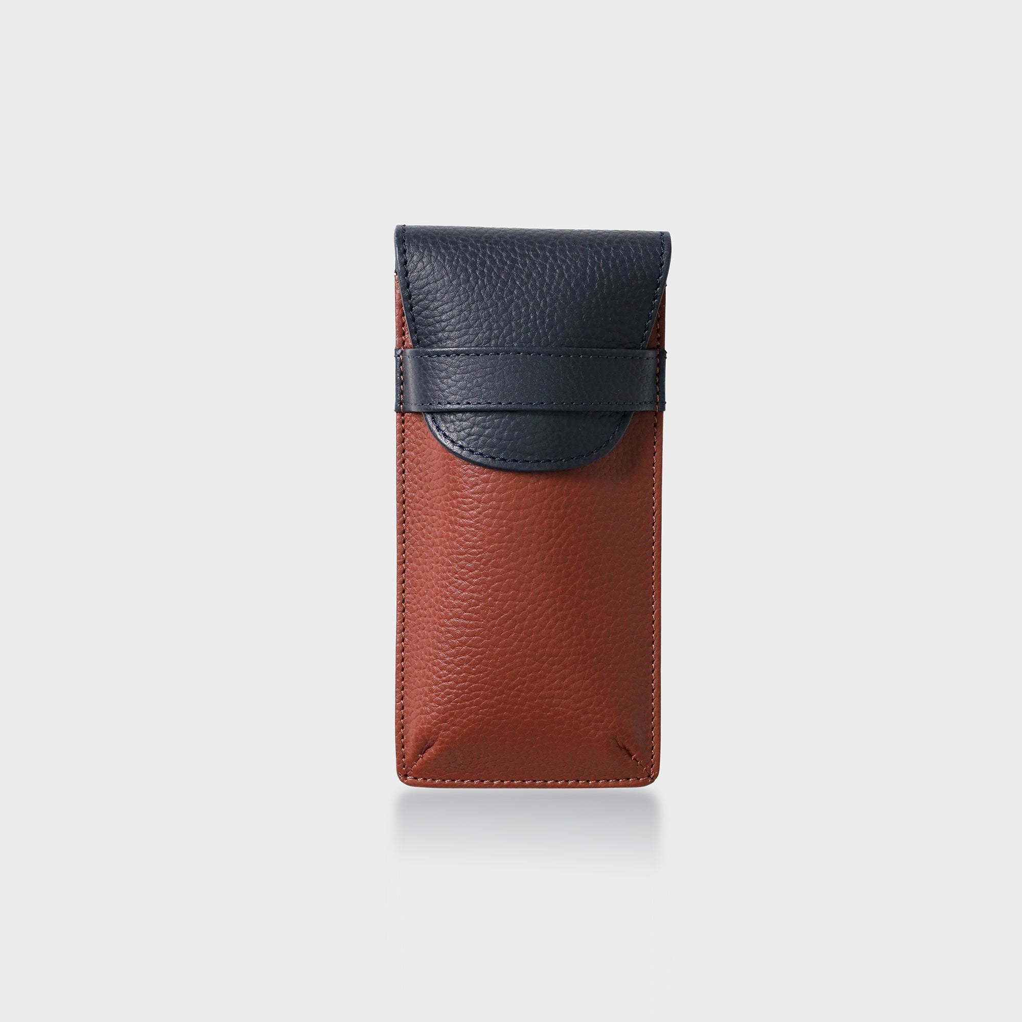 Pebble Grain Leather Fold Over Glasses Case - Navy / Tan