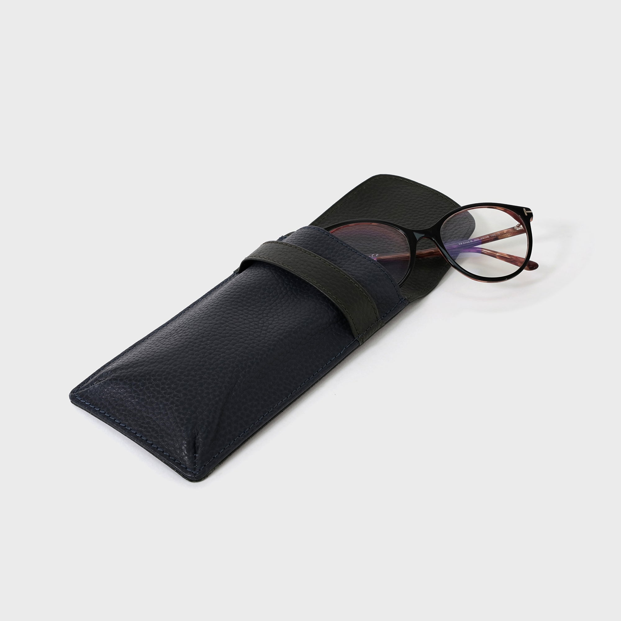 Pebble Grain Leather Fold Over Glasses Case - Green / Navy