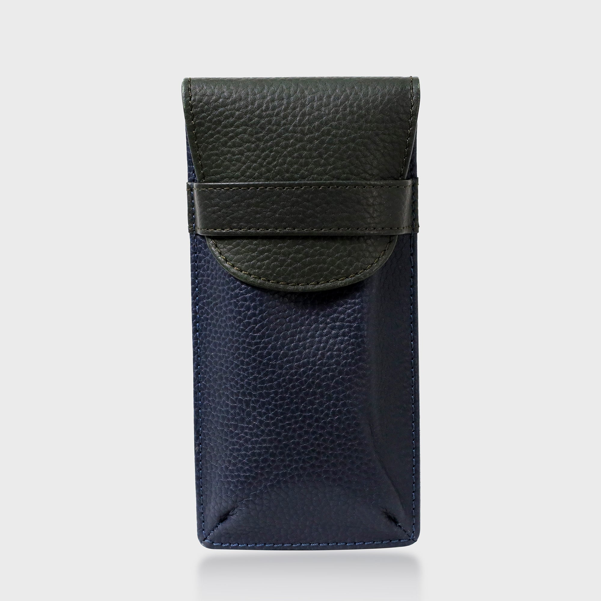 Pebble Grain Leather Fold Over Glasses Case - Green / Navy