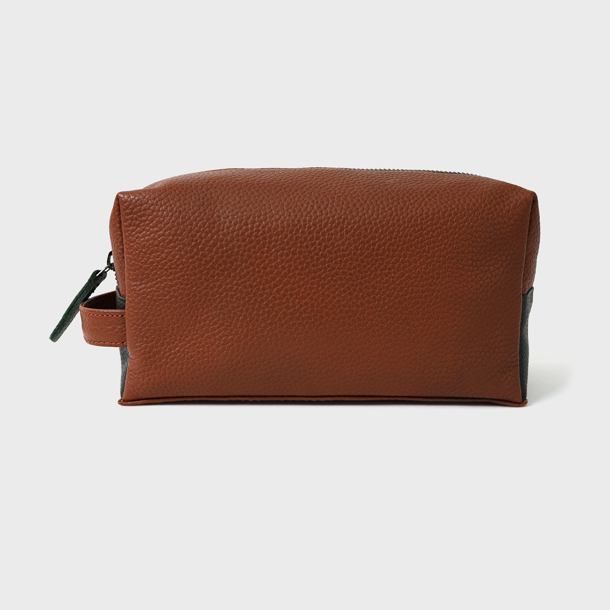 Pebble Grain Leather Boxy Washbag - Tan / Green