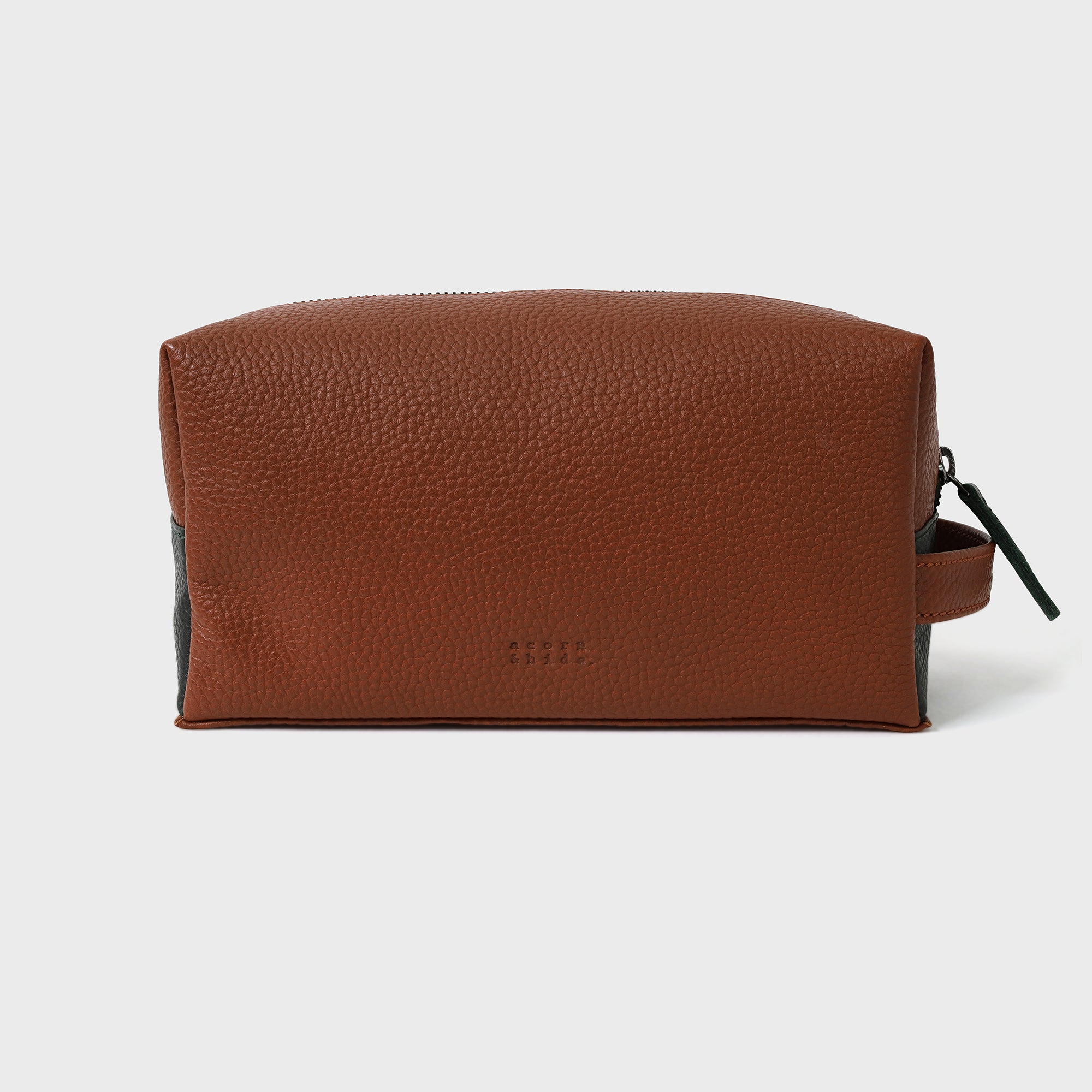 Pebble Grain Leather Boxy Washbag - Tan / Green
