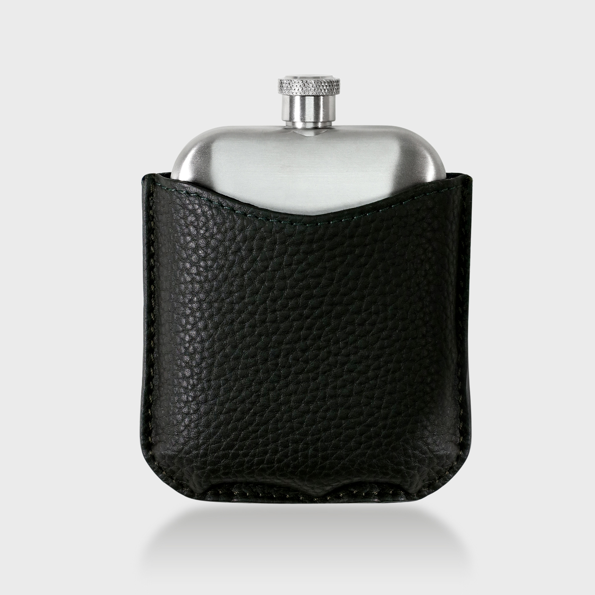 Stainless Steel Hip Flask With Pebble Grain Leather Sleeve - Green