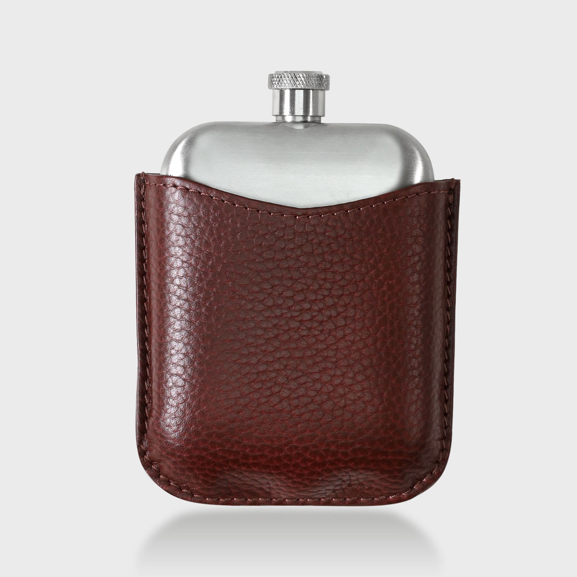 Stainless Steel Hip Flask With Pebble Grain Leather Sleeve - Cherry