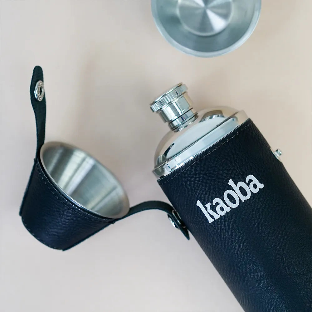 Hunters Flask With Shot Cups - Black / Silver