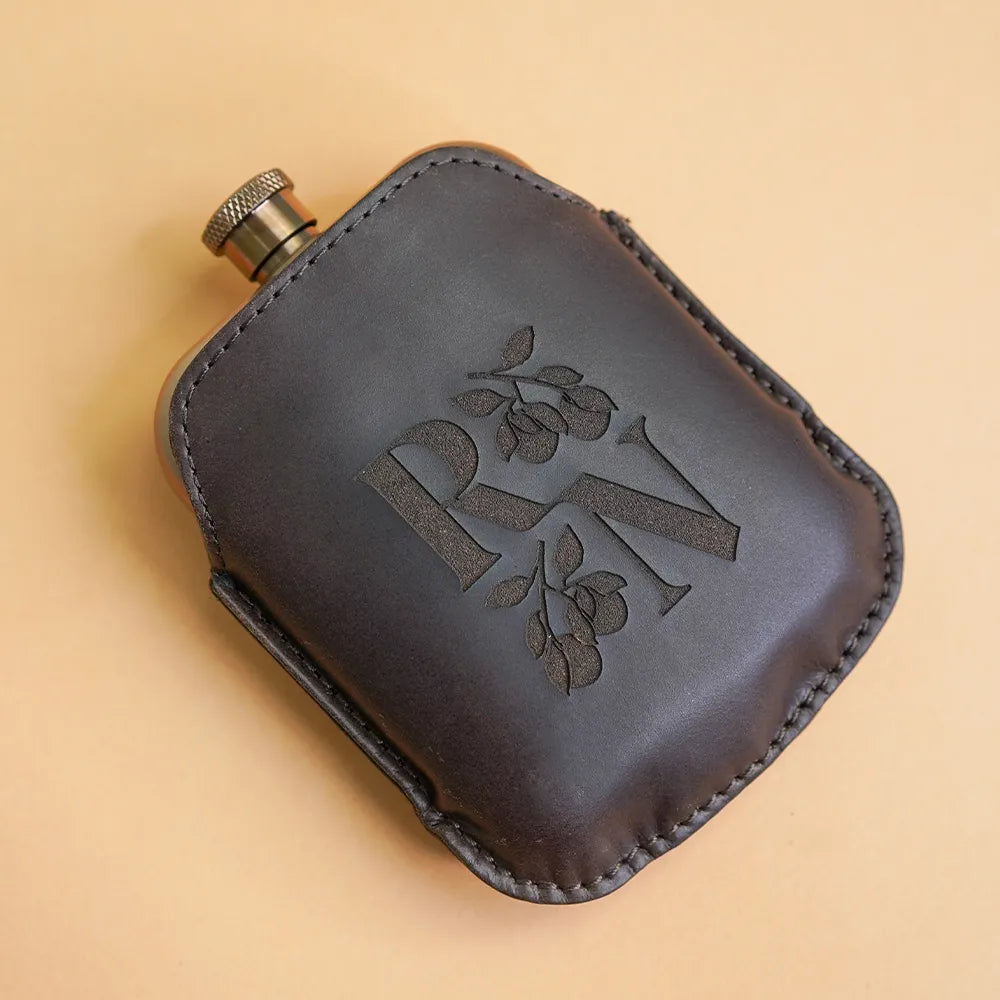 Copper Hip Flask With Leather Sleeve - Brown