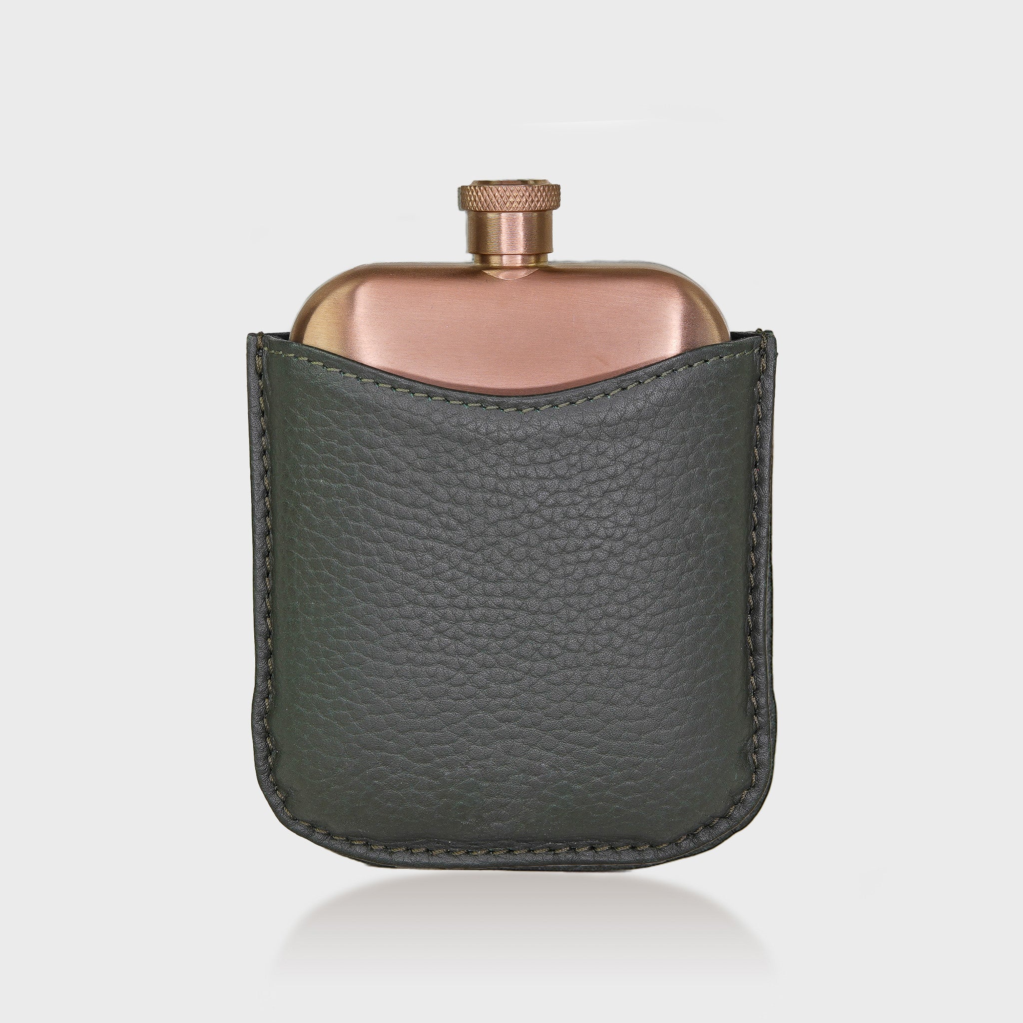 Copper Hip Flask With Pebble Grain Leather Sleeve - Green