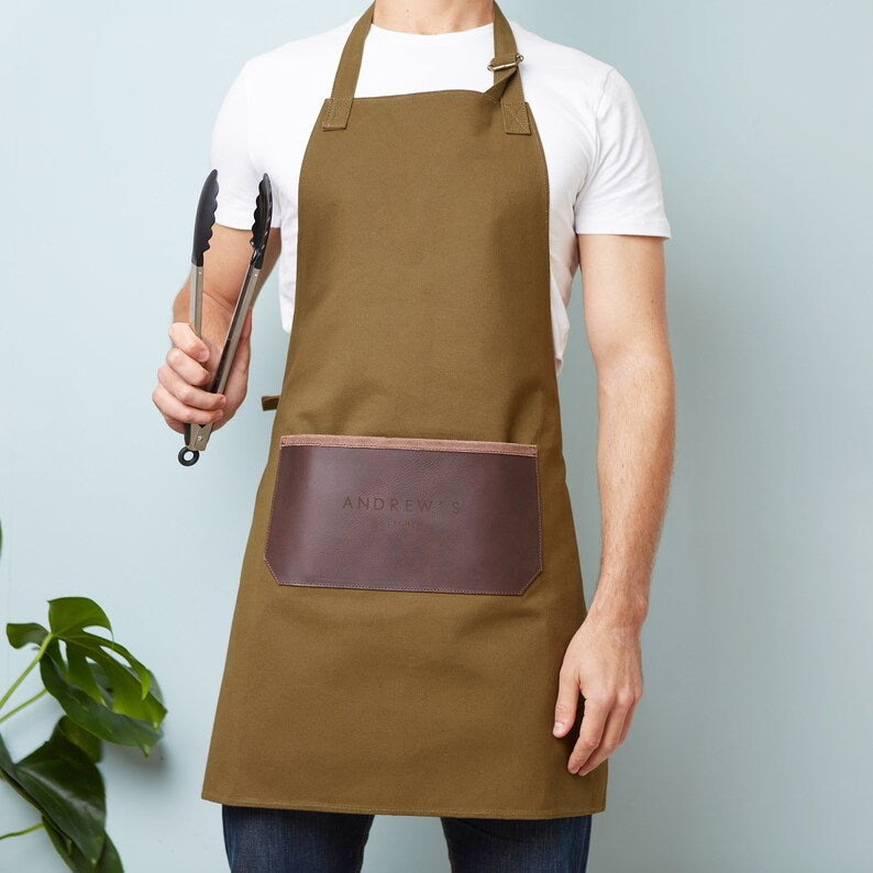 Leather and Canvas Apron - Olive