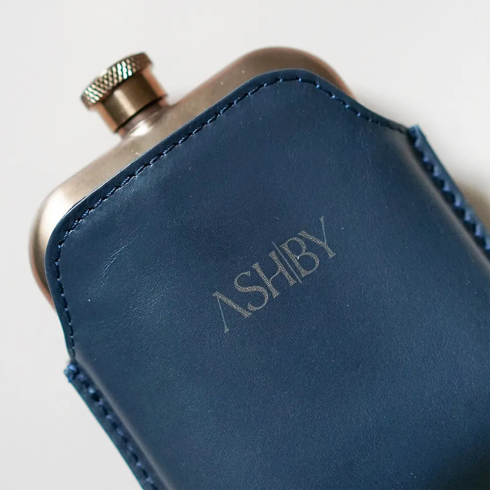 Copper Hip Flask With Leather Sleeve - Navy