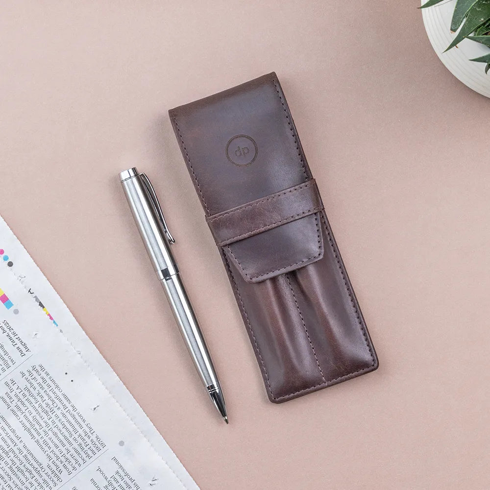 Pen and Pencil set with Leather Case - Brown